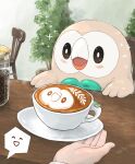  1other absurdres bird blush bright_pupils chair coffee coffee_beans commentary_request cup highres hiyoko_kurabu jar leaf looking_up open_mouth owl plant pokemon pokemon_(creature) potted_plant rowlet saucer sparkle spoken_expression steam table teacup white_pupils 