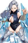  1girl armored_boots ass_visible_through_thighs bare_shoulders belt blue_hair blue_leotard blurry boots breasts cleavage depth_of_field detached_sleeves highres jericho_(nanatsu_no_taizai) large_breasts leotard light_blue_hair lips long_hair mokushiroku_no_yonkishi nanatsu_no_taizai parted_lips scabbard sheath simple_background skin_tight solo stray_hair sword thigh_boots weapon yellow_eyes yoshio_(55level) 