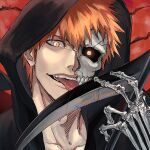  1boy black_hoodie black_sclera bleach bone colored_sclera commentary dated halloween happy_halloween holding holding_scythe hood hoodie kurosaki_ichigo looking_at_viewer open_mouth orange_eyes orange_hair portrait scythe spiked_hair symbol-only_commentary teeth ten0u0 tongue 