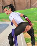  1girl anus ass beeeeen bent_over black_hair commentary_request day emphasis_lines eyelashes fingerless_gloves gloves grass green_hair highres looking_at_viewer looking_back multicolored_hair necktie nemona_(pokemon) open_mouth orange_eyes outdoors pantyhose pokemon pokemon_(game) pokemon_sv ponytail purple_necktie purple_shorts pussy pussy_juice red_gloves shirt short_sleeves shorts shorts_around_one_leg single_glove solo spread_pussy squatting streaked_hair teeth tongue torn_clothes torn_pantyhose two-tone_hair white_shirt 