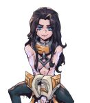  1girl bangs bare_shoulders black_hair black_pants blue_eyes breasts closed_mouth collar feet_out_of_frame genderswap genderswap_(mtf) league_of_legends long_hair looking_at_viewer medium_breasts metal_collar no_bra pants phantom_ix_row shiny shiny_hair sitting smile solo sylas_(league_of_legends) 