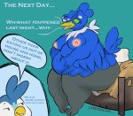  2022 3_toes anthro areola avian beak bed belly big_belly blue_background blue_body blue_eyes blue_feathers breasts cramorant cutaway deep_navel dialogue duo english_text feathers feet female furniture generation_4_pokemon generation_8_pokemon green_eyes hi_res holding_belly holidays malinda_(plantedpot) navel nintendo nipples obese obese_female on_bed open_mouth overweight overweight_female phalacrocoracid pillow piplup plantedpot pokemon pokemon_(species) shelbi_(plantedpot) simple_background sitting solo_focus sound_effects speech_bubble text thanksgiving thick_thighs toes video_games white_body white_feathers 