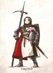  1girl armor brown_hair chainmail emblem gambeson gauntlets greaves headwear_removed helmet helmet_removed highres hilt knight medieval metal original polearm scabbard sheath solo standing sword vanishlily war_hammer weapon 