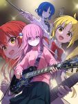  4girls bangs black_ribbon blonde_hair blue_eyes blue_hair bocchi_the_rock! bow collared_shirt cube_hair_ornament drumsticks electric_guitar gibson_les_paul gotou_hitori green_eyes grey_skirt guitar hair_between_eyes hair_ornament hair_over_eyes highres holding holding_drumsticks holding_instrument ijichi_nijika instrument jacket kita_ikuyo long_hair long_sleeves looking_at_viewer mole mole_under_eye multiple_girls music neck_ribbon nobusawa_osamu one_side_up open_mouth pink_hair pink_jacket playing_instrument pleated_skirt red_bow red_hair ribbon school_uniform shirt short_hair side_ponytail sidelocks skirt track_jacket white_shirt yamada_ryou yellow_eyes 