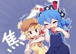  2girls absurdres animal_ears apron arms_up bangs blonde_hair blue_apron blue_dress blue_hair blue_headwear blue_scarf blush breasts brown_headwear brown_shirt closed_eyes clothes_writing commentary_request crescent crescent_print crying dress frills hair_between_eyes hair_ornament hands_up hat head_scarf highres kanisawa_yuuki looking_at_another medium_breasts medium_hair moon moon_print multiple_girls open_mouth puffy_short_sleeves puffy_sleeves purple_background rabbit_ears rabbit_tail red_eyes ringo_(touhou) scarf seiran_(touhou) shirt short_hair short_sleeves short_twintails shorts simple_background smile standing striped striped_shorts sweat sweatdrop t-shirt tail tears teeth tongue touhou translation_request twintails yellow_apron yellow_shorts 
