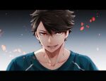  1boy aphjapanlove0211 black_shirt brown_hair collarbone haikyuu!! highres lips looking_at_viewer male_focus oikawa_tooru_(haikyuu!!) open_mouth red_eyes shirt short_hair solo upper_body 