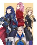  1boy 3girls ass bangs blonde_hair blue_eyes blue_hair blush braid breasts cape fingerless_gloves fire_emblem fire_emblem:_three_houses fire_emblem_heroes gloves green_eyes hair_between_eyes harem hetero highres igni_tion ingrid_brandl_galatea japanese_clothes kiran_(fire_emblem) long_hair looking_at_viewer low_twintails lucina_(fire_emblem) medium_breasts mitama_(fire_emblem) multiple_girls pink_hair sitting sitting_on_head sitting_on_person small_breasts smile star-shaped_pupils star_(symbol) symbol-shaped_pupils thighs tiara twintails 