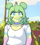  anthro blue_eyes choker clothed clothing dinosaur female goodbye_volcano_high green_hair hair jewelry long_hair looking_at_viewer necklace ornithischian reptile scalie snoot_game_(fan_game) solo stegosaurian stegosaurus stella_(gvh) thyreophoran unknown_artist video_games yellow_body 
