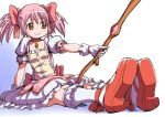  1girl breasts bubble_skirt choker closed_mouth full_body gloves hair_ribbon kaname_madoka kneehighs magical_girl mahou_shoujo_madoka_magica mizukami_satoshi pink_eyes pink_hair ribbon short_hair short_twintails simple_background skirt small_breasts smile socks solo twintails white_background white_gloves 