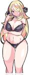  1girl alternate_costume arm_under_breasts ass_visible_through_thighs bikini black_bikini blonde_hair breasts cynthia_(pokemon) enpe hair_ornament hair_over_one_eye hair_twirling highres large_breasts long_hair looking_at_viewer nail_polish navel pink_nails pokemon pokemon_(game) pokemon_dppt smile solo swimsuit thighs 