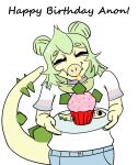  anthro cake choker clothed clothing dessert dinosaur english_text eyes_closed female food goodbye_volcano_high green_hair hair hi_res jewelry necklace ornithischian reptile scalie simple_background snoot_game_(fan_game) solo spiked_tail spikes spikes_(anatomy) stegosaurian stegosaurus stella_(gvh) text thyreophoran unknown_artist video_games white_background yellow_body 