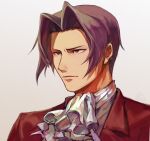  1boy ace_attorney ascot baiaidi closed_mouth formal grey_hair hair_intakes jacket looking_ahead looking_to_the_side miles_edgeworth purple_eyes red_jacket red_suit serious simple_background solo suit upper_body white_ascot white_background 