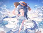  1girl aqua_eyes aqua_hair bangs bare_arms bare_shoulders blue_ribbon breasts cleavage cloud cloudy_sky collarbone day dress hat hat_ribbon hatsune_miku highres long_hair looking_at_viewer ocean outdoors photoshop_(medium) revision ribbon short_sleeves skirt sky smile solo ssum_(ehf_dustk) sun_hat twintails very_long_hair vocaloid white_dress 