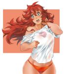  1girl :o ahoge alternate_hairstyle aqua_eyes arm_behind_head artist_name bangs bikini breasts collarbone crossed_bangs erde00 floating_hair gundam gundam_suisei_no_majo hair_between_eyes large_breasts long_hair midriff open_mouth orange_background red_bikini red_hair shirt skindentation solo suletta_mercury swimsuit very_long_hair white_background white_shirt 