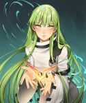  1girl artist_name blush c.c. code_geass cowboy_shot geass green_background green_hair hair_between_eyes high_collar long_hair long_sleeves looking_at_viewer own_hands_together parted_lips robe solo syertse very_long_hair white_robe wide_sleeves yellow_eyes 