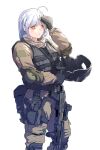  1girl assault_rifle brown_jacket brown_pants bulletproof_vest commission gun handgun headwear_removed helmet helmet_removed highres holster jacket long_sleeves maxturbo69 military military_helmet military_uniform orange_eyes original pants rifle solo sweat thigh_holster uniform weapon white_background white_hair wiping_face 