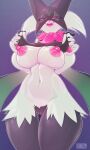  2022 3:5 5_fingers absurd_res anthro big_breasts breasts cheek_tuft clothing facial_tuft female fingers fluffy green_body hi_res looking_at_viewer mask meowscarada nintendo nipples pawpads pink_eyes pink_nose pokemon smile solo sparklyon3 thick_thighs tuft video_games 