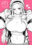  1girl ? absurdres blush breasts eyelid_piercing greyscale greyscale_with_colored_background hat heart highres jewelry_bonney large_breasts lipstick long_hair makeup midriff monochrome navel one_piece piercing pink_background pink_eyes solo sweater yotsumi_shiro 