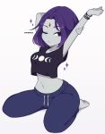  1girl absurdres alternate_costume barefoot breasts colored_skin commentary cremanata dc_comics english_commentary forehead_jewel full_body grey_skin highres kneeling looking_at_viewer medium_breasts navel one_eye_closed pajamas purple_eyes purple_hair raven_(dc) short_hair solo stretching teen_titans 