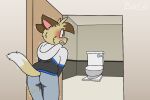  anthro bodily_fluids door genital_fluids holding_crotch humanoid inside male omorashi ritz_(ritzcat) ritzcat shaking solo toilet trembling urine wetting 