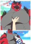  2022 anthro barazoku biped black_body black_fur blush daily-incineroar digital_media_(artwork) duo faceless_character faceless_human faceless_male fur generation_7_pokemon grey_body grey_fur hi_res human incineroar larger_anthro larger_male lucky_skebe male male/male mammal muscular muscular_anthro muscular_male nintendo outside pecs pokemon pokemon_(species) red_body red_fur size_difference smaller_human video_games yellow_sclera 