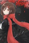  1girl bangs black_sailor_collar black_serafuku black_skirt blurry bokeh brown_hair circle crying crying_with_eyes_open depth_of_field enpera floating_scarf flower from_side grey_background hair_between_eyes hair_ornament hairpin highres kaerino24 kagerou_project light_frown long_hair long_sleeves looking_to_the_side mekakucity_actors multiple_hairpins neckerchief petals pleated_skirt red_eyes red_flower red_scarf sailor_collar scarf school_uniform serafuku skirt sleeve_cuffs solo spider_lily tateyama_ayano tears twitter_username white_neckerchief 