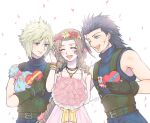  1girl 2boys aerith_gainsborough aqua_eyes arm_around_shoulder bangle bangs bare_shoulders belt black_gloves black_hair blonde_hair blue_eyes blue_pants blue_shirt blush bouquet box bracelet brown_hair chocolate choker closed_eyes cloud_strife dress earrings falling_petals final_fantasy final_fantasy_vii final_fantasy_vii_remake flower flower_choker food gloves hair_between_eyes hair_ribbon hair_slicked_back hand_in_own_hair hand_on_another&#039;s_shoulder head_wreath heart-shaped_box holding holding_bouquet holding_chocolate holding_food jewelry laughing long_hair looking_at_another medium_hair multiple_belts multiple_boys one_eye_closed open_mouth pants parted_bangs petals pink_dress pink_flower pink_ribbon pink_rose ribbon rose scar scar_on_cheek scar_on_face shirt short_hair sidelocks single_earring sleeveless sleeveless_turtleneck smile spiked_hair suspenders toned toned_male turtleneck twitter_username valentine wavy_hair you_(blacknwhite) zack_fair 