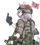  1girl 82nd_airborne american_flag animal_ears black_gloves brown_shirt camouflage canteen desert_camouflage fox_ears gloves goggles helmet inubashiri_momiji middle_finger military military_helmet military_uniform nakamura_3sou pink_hair red_eyes shirt short_sleeves smile solo touhou uniform united_states_army white_background 