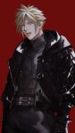  1boy belt biker_clothes black_gloves black_jacket blonde_hair blue_eyes blue_pants blue_shirt boooshow brown_belt cloud_strife cowboy_shot earrings final_fantasy final_fantasy_vii final_fantasy_vii_remake gloves hair_between_eyes highres jacket jewelry long_sleeves looking_at_viewer male_focus multiple_belts pants parted_lips red_background shirt short_hair single_earring solo spiked_hair sweater turtleneck turtleneck_sweater 