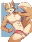  2022 abs anthro balls canid canine fox fox_mccloud fur genitals gesture green_eyes hi_res kironzen looking_at_viewer male mammal muscular muscular_anthro muscular_male navel nintendo nipples nude penis simple_background smile smiling_at_viewer solo star_fox tan_body tan_fur v_sign video_games 
