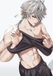  1boy ? ?? abs alhaitham_(genshin_impact) archieloras bangs black_pants black_tank_top clothes_lift genshin_impact green_eyes grey_hair hair_between_eyes hair_over_one_eye highres jewelry male_focus muscular muscular_male navel pants shirt_lift tank_top topless_male undressing 