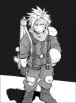 1boy als8za armor bandage_on_face bandages boots cloud_strife dirty dirty_face final_fantasy final_fantasy_vii full_body gloves greyscale gun hair_between_eyes harness headwear_removed helmet helmet_removed holding holding_helmet knee_pads long_sleeves looking_at_viewer male_focus monochrome over_shoulder pants scarf short_hair shoulder_armor sleeves_rolled_up solo spiked_hair standing thigh_strap twitter_username weapon weapon_over_shoulder 