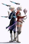  1boy 1girl ahoge alisaie_leveilleur alphinaud_leveilleur back-to-back blue_eyes blue_jacket boots brother_and_sister earrings elezen elf fighting_stance final_fantasy final_fantasy_xiv full_body gloves hair_between_eyes hair_tie half_gloves holding holding_sword holding_weapon hollizho jacket jewelry long_jacket long_sleeves looking_at_viewer looking_back low_ponytail motion_blur pointy_ears red_gloves red_jacket short_hair_with_long_locks siblings sword thigh_boots twins weapon white_footwear white_gloves white_hair 