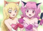  2girls aikatsu! aikatsu!_(series) an1k1_(tkks5227) animal_ears bell blonde_hair bow breasts cat_ears cat_girl crossover fang fur_collar gloves hoshimiya_ichigo idol long_hair mew_ichigo momomiya_ichigo multiple_girls pink_hair red_gloves smile tail tail_bell tail_ornament tokyo_mew_mew 