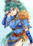  1girl armor blue_dress capelet chika_1 dress earrings fingerless_gloves fire_emblem fire_emblem_heroes fur_capelet gloves green_eyes green_hair highres jewelry long_hair looking_at_viewer lyn_(fire_emblem) necklace ponytail rope_belt smile thighs very_long_hair 