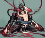  anal blonde_hair blood bodily_fluids butt chainsaw_man cum cum_in_ass cum_inside demon denji_(chainsaw_man) duo ejaculation genital_fluids hair human hybrid male male/male mammal not_furry open_mouth sex simple_background 