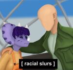  absurd_res anon_(snoot_game) anthro ceratopsian child clothed clothing dinosaur duo english_text facial_horn featureless_face female hair hi_res horn human humor male mammal markings meme nickelodeon ornithischian overalls purple_body purple_eyes purple_hair reptile scalie snoot_game_(fan_game) spongebob_squarepants tana_(snoot_game) text triceratops video_games young 