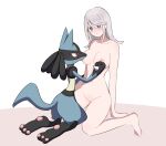  3_fingers 3_toes ambiguous_gender anthro blue_eyes blush breast_lick breast_play breasts canid cleft_of_venus duo feet female female/ambiguous fingers fondling generation_4_pokemon genitals grey_hair hair hand_on_breast hi_res human human_on_anthro interspecies kneeling larger_female larger_human licking lucario mammal momikumo00 navel nintendo nipple_fetish nipple_lick nipple_play nipples nude pokemon pokemon_(species) pokephilia pussy red_eyes size_difference spikes spikes_(anatomy) toes tongue tongue_out video_games 