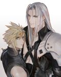  2boys abs aqua_eyes armor bangs black_jacket blonde_hair chest_strap cloud_strife final_fantasy final_fantasy_vii final_fantasy_vii_remake grey_hair hair_between_eyes highres holding_another&#039;s_wrist jacket jjn_ff7 long_bangs long_hair long_sleeves looking_at_viewer male_focus multiple_boys parted_bangs sephiroth short_hair shoulder_armor single_bare_shoulder sleeveless sleeveless_turtleneck slit_pupils spiked_hair suspenders toned toned_male turtleneck upper_body white_background 