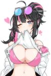  1girl ahoge bangs bare_shoulders black_hair blue_eyes blush bra breasts cleavage clothes_lift commentary_request eyewear_on_head girls&#039;_frontline girls&#039;_frontline_neural_cloud hair_bun hair_ornament heart korean_commentary lancer_(worudrleh1) large_breasts long_hair looking_at_viewer mouth_hold multicolored_hair navel off_shoulder one_eye_closed open_clothes pink_bra pink_hair purple_eyes shirt_lift simple_background smile solo sunglasses underwear upper_body vee_(girls&#039;_frontline_nc) white_background 