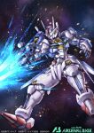  beam_rifle copyright_name crost energy_gun firing flying gun gundam gundam_aerial gundam_arsenal_base gundam_suisei_no_majo holding holding_gun holding_weapon logo mecha mobile_suit no_humans official_art open_hand robot science_fiction solo space v-fin weapon 