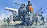  4boys assault_visor english_commentary gun helmet highres holding holding_gun holding_weapon looking_ahead mecha mike_doscher multiple_boys open_hand original pointing robot science_fiction shoulder_cannon soldier standing walker weapon 
