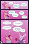  2022 anthro canid canine canis clothed clothing comic dialogue digital_media_(artwork) domestic_dog duo english_text female june_(doubledog) lagomorph leporid male mammal nowandlater pink_background rabbit sawyer_(doubledog) shaded shirt simple_background speech_bubble text topwear url 