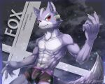  2020 5:4 abs alternate_color alternate_costume alternate_version_at_source anthro athletic athletic_anthro athletic_male belt biceps bottomwear briefs bulge canid canine claws clothed clothing detailed_bulge english_text featureless_chest fox fox_mccloud fur grey_body grey_fur hi_res ivan-jhang male mammal muscular muscular_anthro muscular_male navel nintendo pecs red_eyes smile solo star_fox text topless underwear video_games 