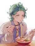  1boy :o bangs_pinned_back blowing blue_hair blue_shirt blush bowl cardigan chopsticks collared_shirt earrings eating food from_argonavis green_eyes green_hair hands_up highres himishiro holding holding_chopsticks holding_spoon jewelry long_sleeves looking_away male_focus multicolored_hair multiple_earrings necklace necktie nijou_kanata noodles ramen shirt simple_background solo spoon streaked_hair upper_body white_background yellow_necktie 