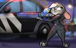  absurd_res angry big_ears blue_eyes car clothed clothing damaged_clothing disney fan_character female frustrated fur grey_body grey_fur hair hi_res jeany_loaf(mr_valentine00) lagomorph leporid mammal mr_valentine00 orignal_character pink_nose police_car police_uniform rabbit solo uniform vehicle weapon white_hair zootopia 