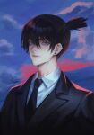  1boy absurdres bangs black_hair black_jacket black_necktie blue_background blue_eyes blue_sky chainsaw_man cloud cloudy_sky collared_shirt earrings formal hair_between_eyes hayakawa_aki highres jacket jewelry looking_at_viewer necktie shirt short_hair sky solo staryoruu stud_earrings suit topknot white_shirt 