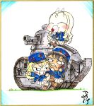  3girls :d ^_^ absurdres andou_(girls_und_panzer) anger_vein angry bc_freedom_(emblem) bc_freedom_military_uniform black_hair blonde_hair blush closed_eyes dark-skinned_female dark_skin drill_hair emblem fighting food forehead friedchicken_(huzimizawa) ft-17 girls_und_panzer ground_vehicle hat highres marie_(girls_und_panzer) medium_hair military military_hat military_vehicle motor_vehicle multiple_girls oshida_(girls_und_panzer) shikishi smile strawberry_shortcake tank traditional_media 