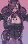  1girl apex_legends black_bodysuit black_jacket blush bodysuit breasts cleavage cyber_punked_wattson eyepatch finger_to_mouth highres hood hooded_jacket horns jacket kabiyapyo official_alternate_costume one_eye_covered pink_eyes pink_hair purple_background shushing smile solo thick_thighs thighs wattson_(apex_legends) 