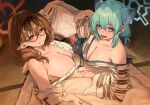  2girls animal_ear_fluff animal_ears aochoku bare_shoulders black_hairband black_ribbon blue_archive breasts brown-framed_eyewear brown_eyes brown_hair chinatsu_(blue_archive) chinatsu_(hot_spring)_(blue_archive) cleavage collarbone futon glasses green_hair hair_ribbon hairband halo highres japanese_clothes kimono large_breasts looking_at_viewer lying medium_breasts medium_hair multiple_girls official_alternate_costume on_side open_mouth pointy_ears purple_eyes ribbon shigure_(blue_archive) shigure_(hot_spring)_(blue_archive) short_hair smile white_kimono 